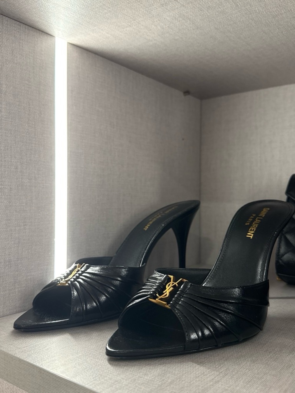 Saint Laurent Black Leather Open-Toe Heeled Mules with Gold YSL Accent